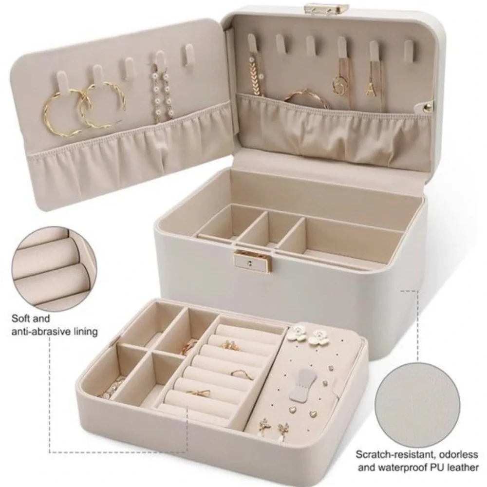 Kamier 2-Tier Beige Jewelry Box with Mirror
